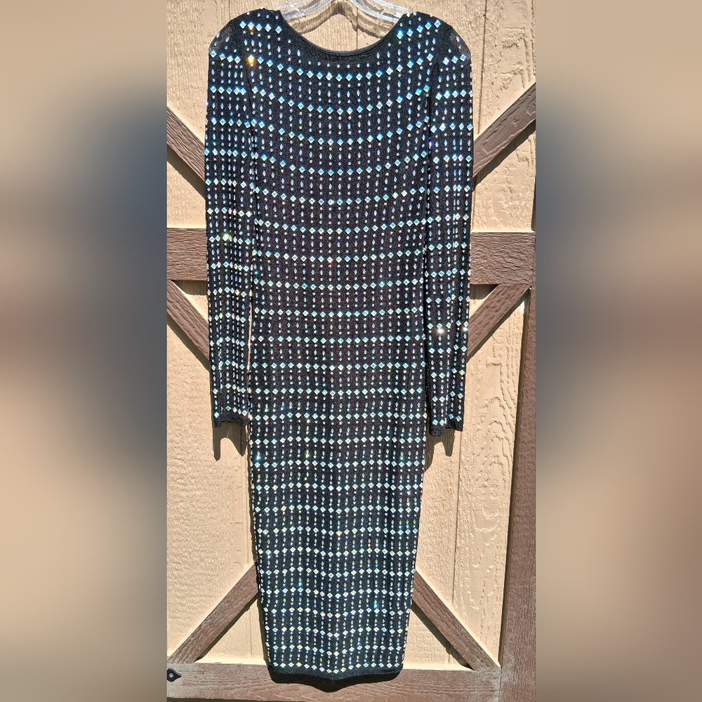Black Long-Sleeve Midi Dress with Aqua Dot Grid